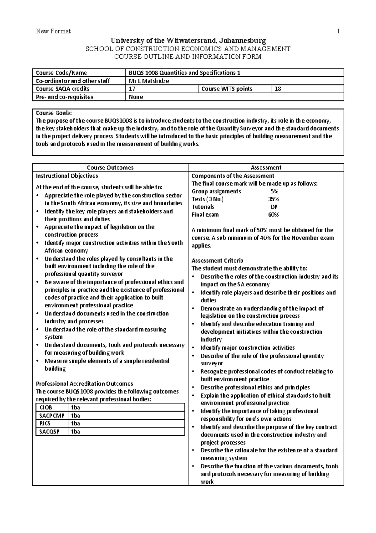 Course Outline for BUQS 1008: Quantities and Specifications 1 - Studocu