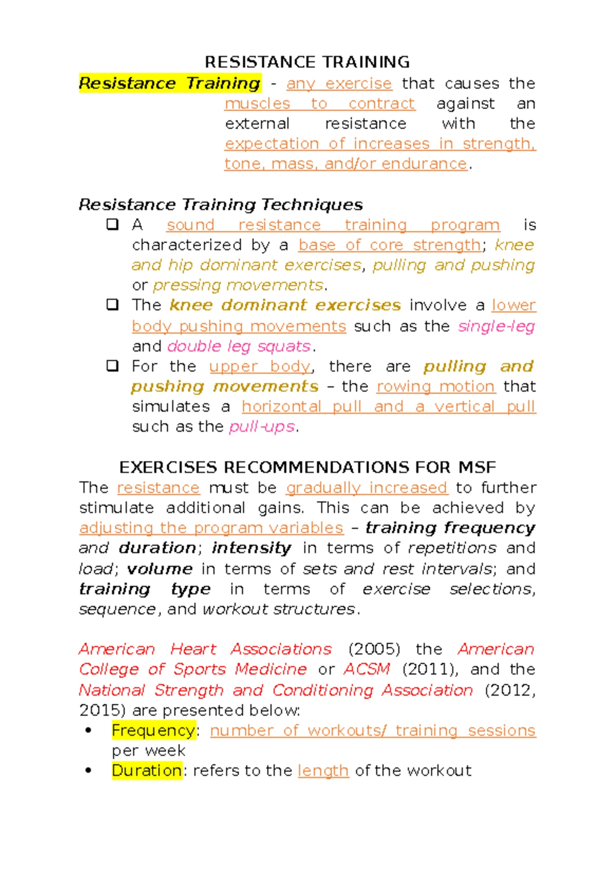 Resistance Training Techniques: Strength and Endurance Principles - Studocu
