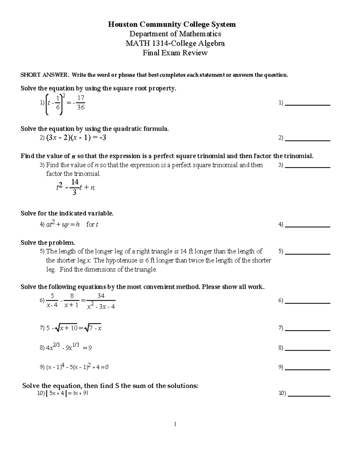 MATH 1314 Final Exam Review Practice Questions - Studocu