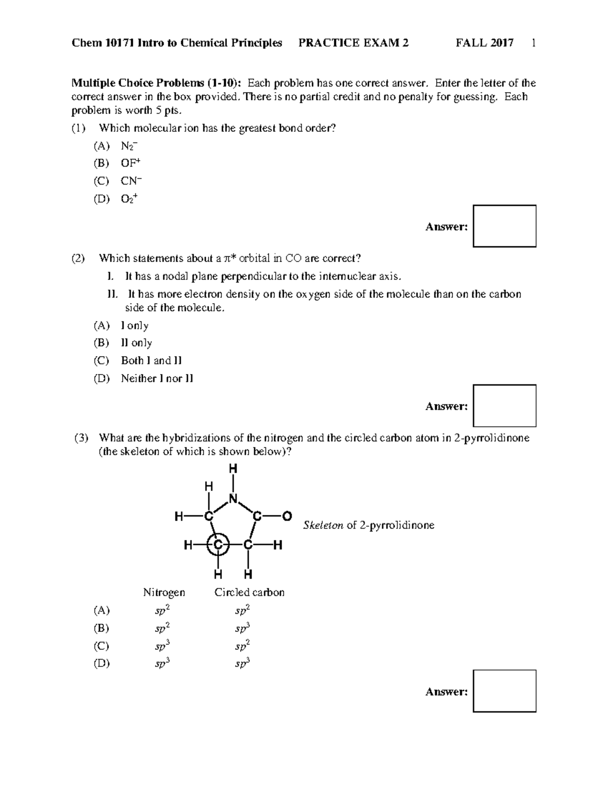 Practice Exam II CHM 101 Fall 2017 - Multiple Choice Questions - Studocu