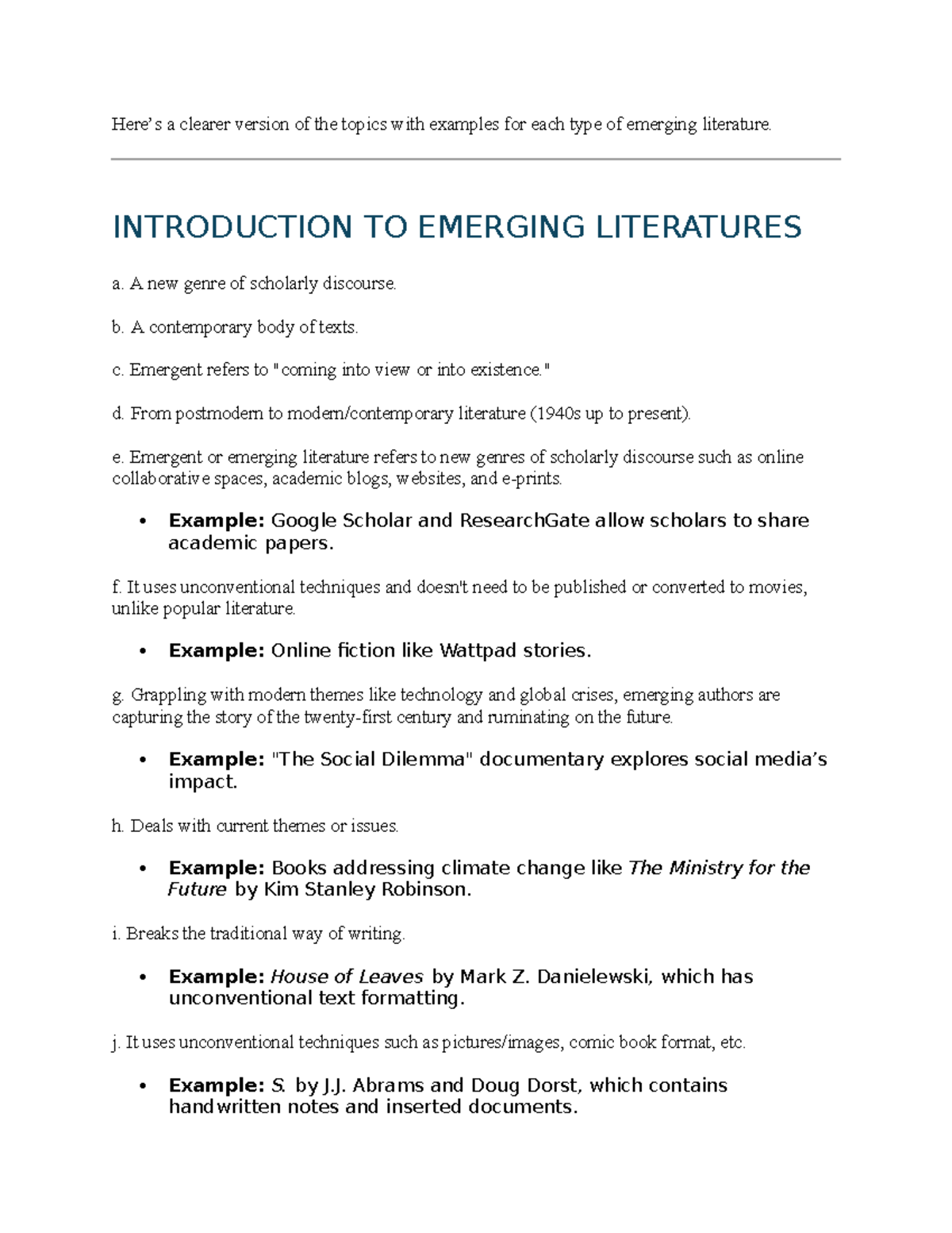 Emerging Literatures: Key Topics and Examples for Study - Studocu