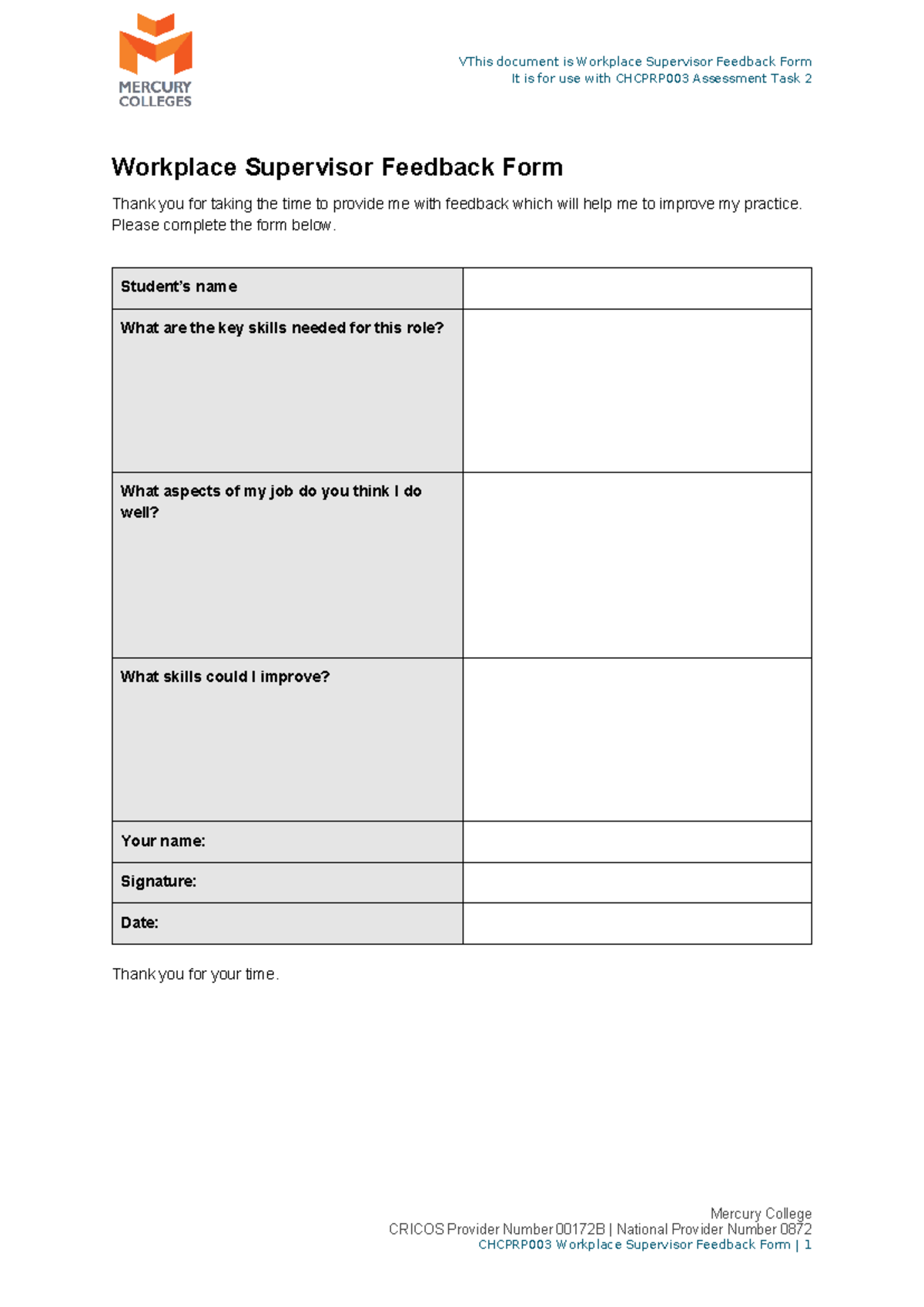 CHCPRP003 Workplace Supervisor Feedback Form for Assessment Task 2 ...