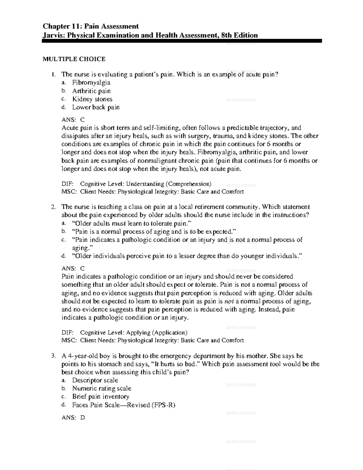 Chapter 11 - helpful - Chapter 11: Pain Assessment Jarvis: Physical ...
