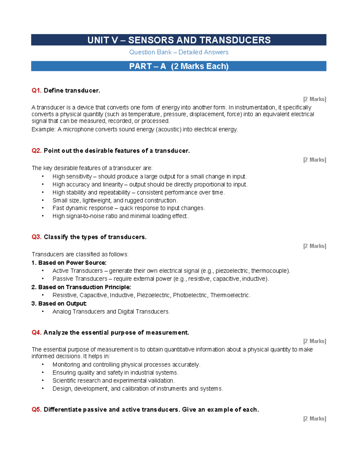 Unit V: Sensors and Transducers - Question Bank with Detailed Answers ...