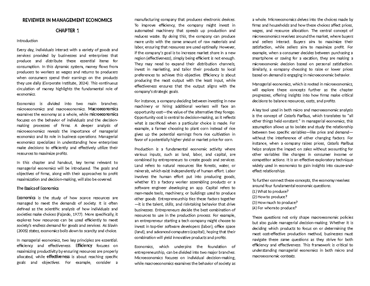 REVIEWER IN MANAGEMENT ECONOMICS: CHAPTER 1 OVERVIEW AND KEY CONCEPTS ...