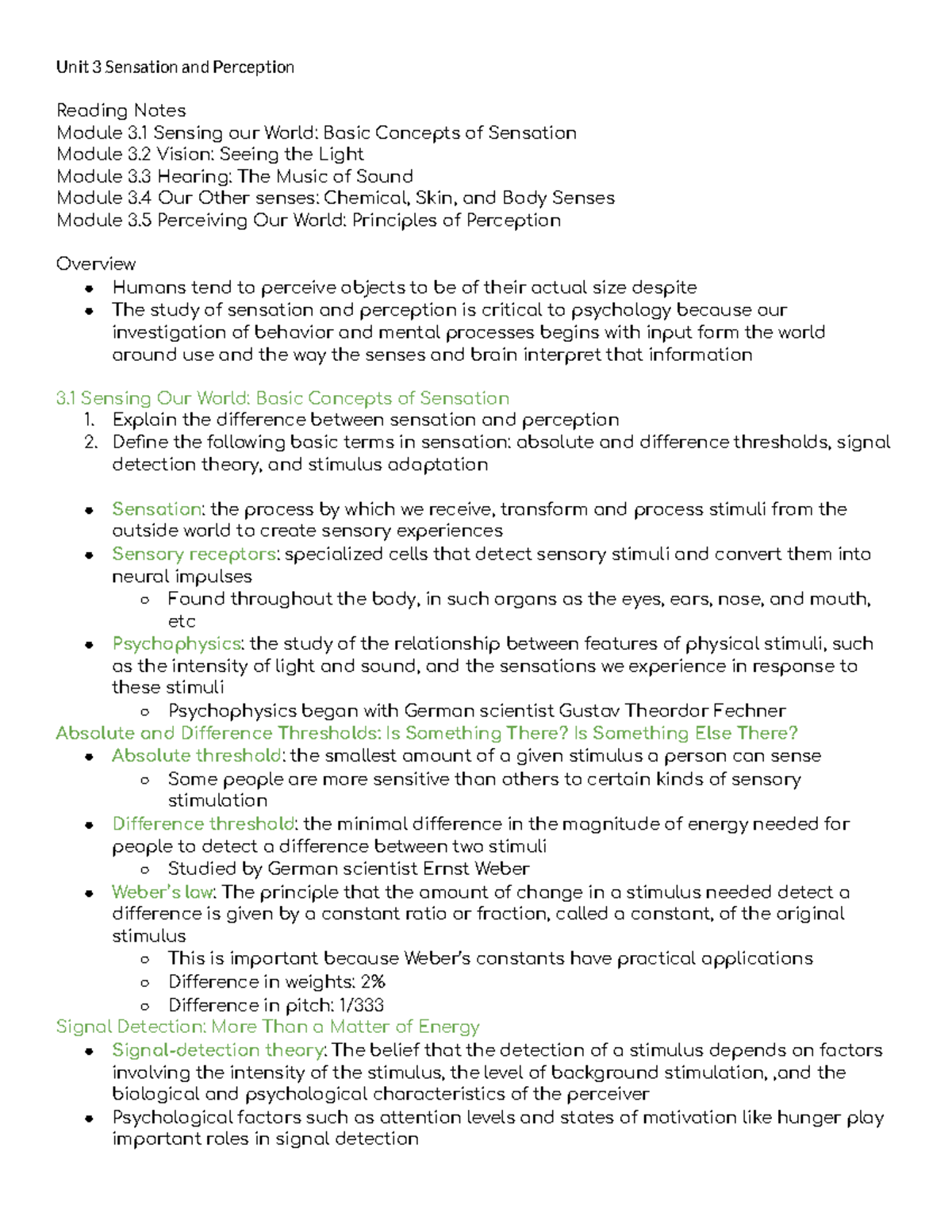 Unit 3 Psychology Notes: Sensation & Perception Overview - Studocu