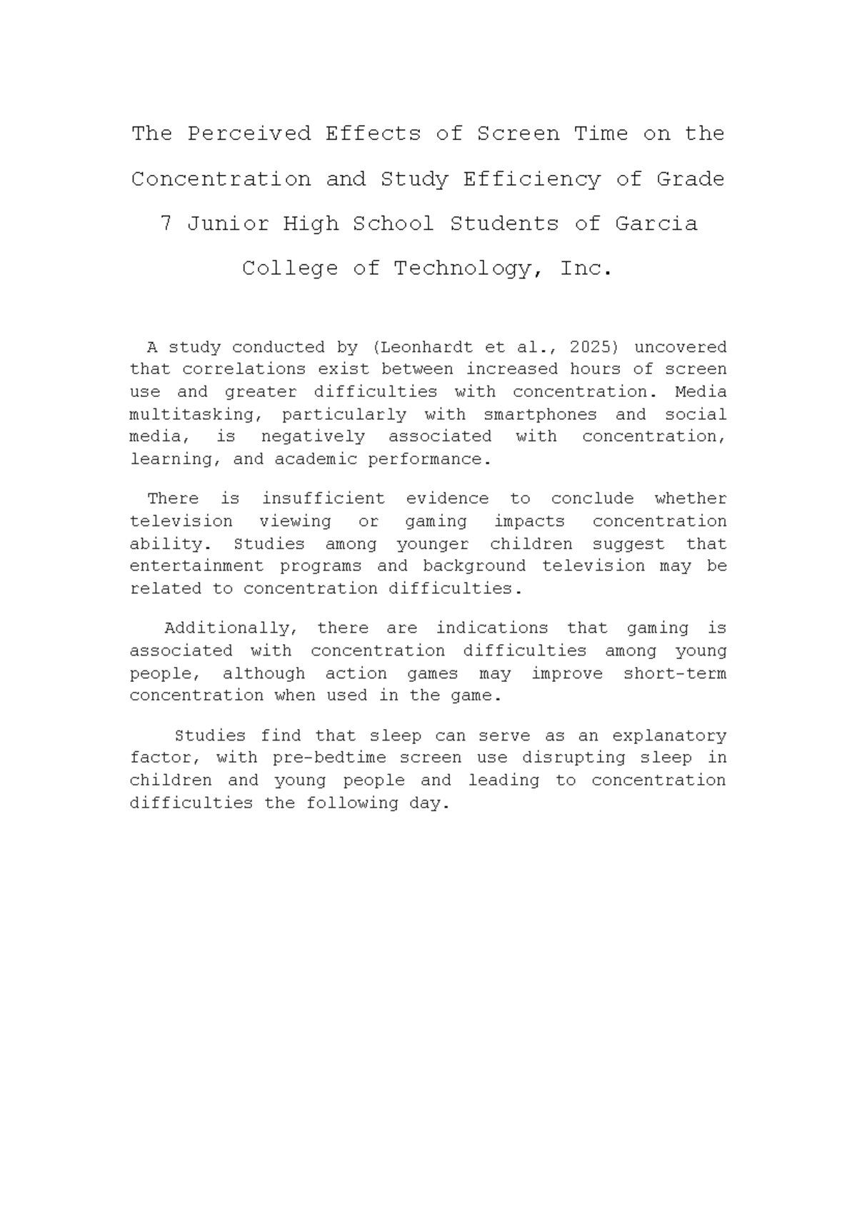 The Impact of Screen Time on Concentration in Grade 7 Students - Studocu