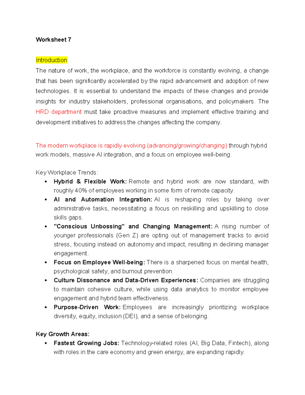 Worksheet 7 - Training Plan & Org Structure in Evolving Workplaces ...