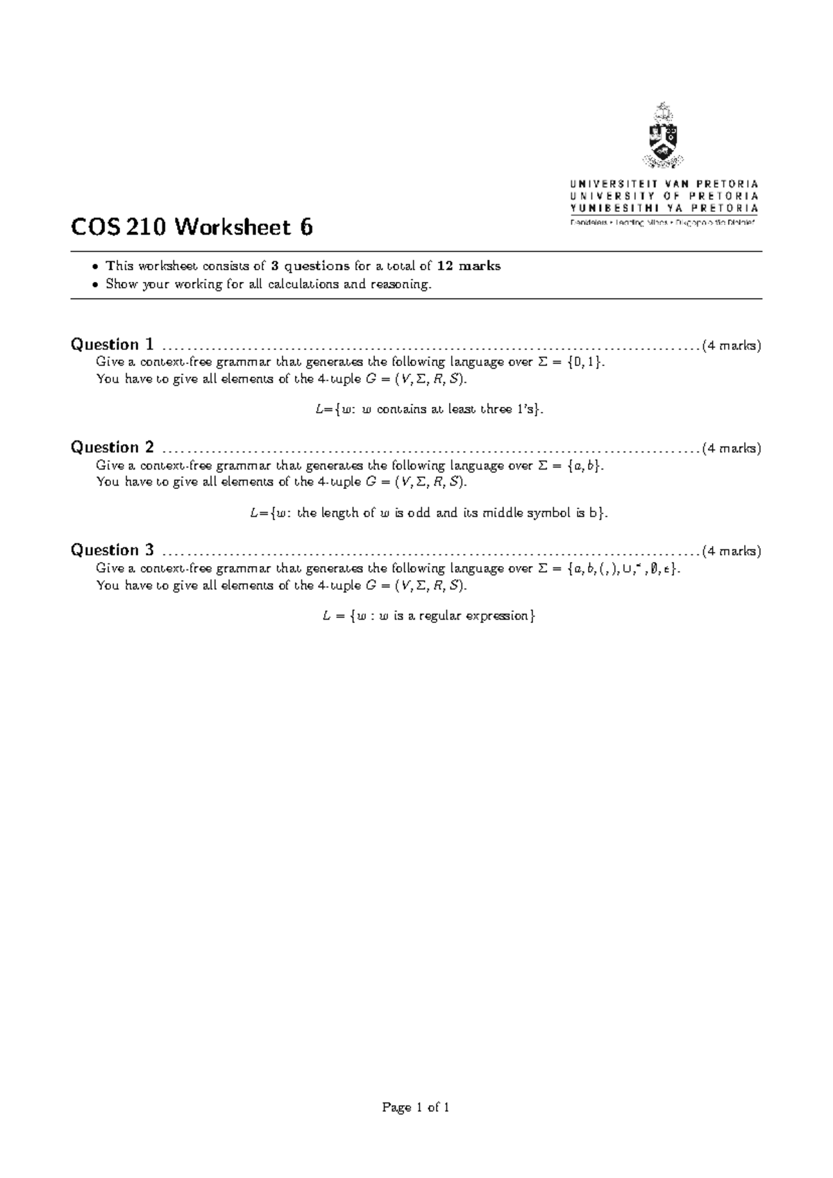 COS 210 Worksheet 6: Grammar Generation Questions (Total 12 Marks ...