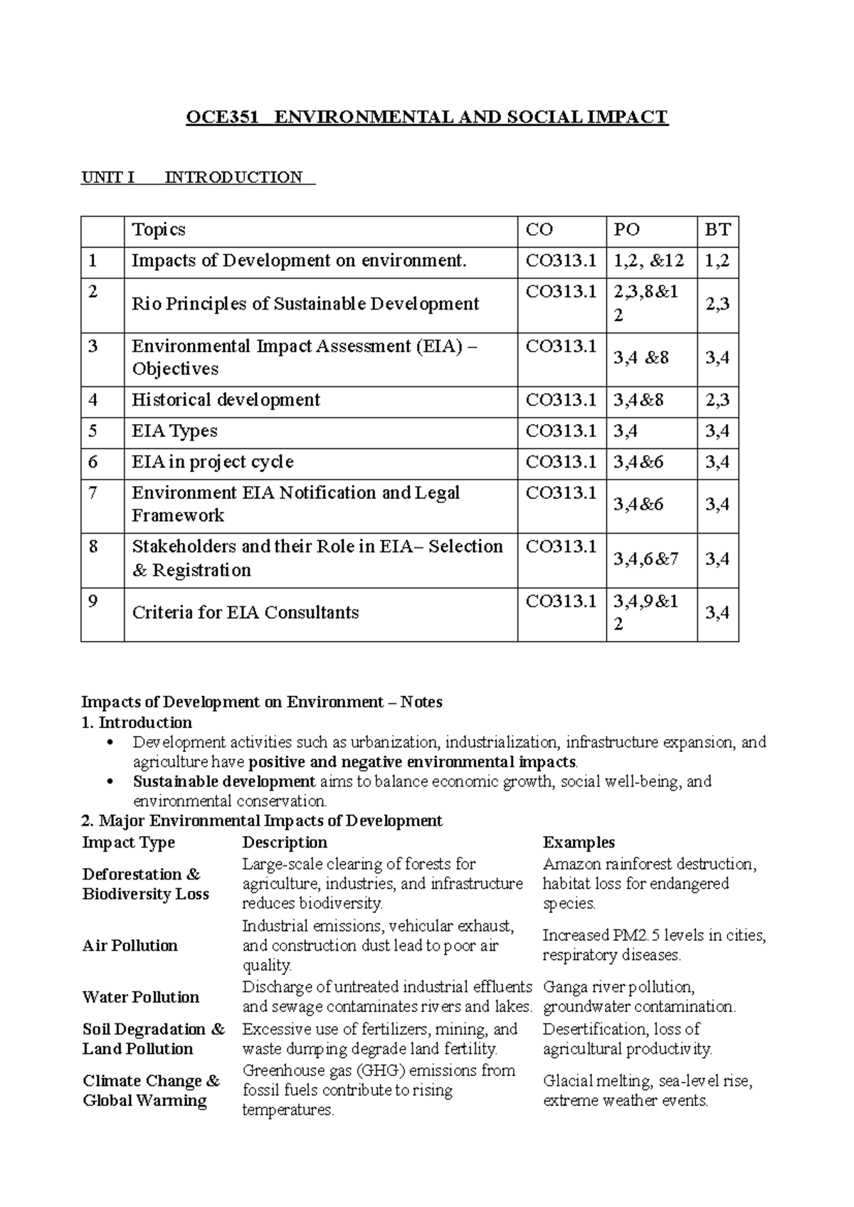 OCE351 Environmental and Social Impact Assessment: Unit I Overview and ...