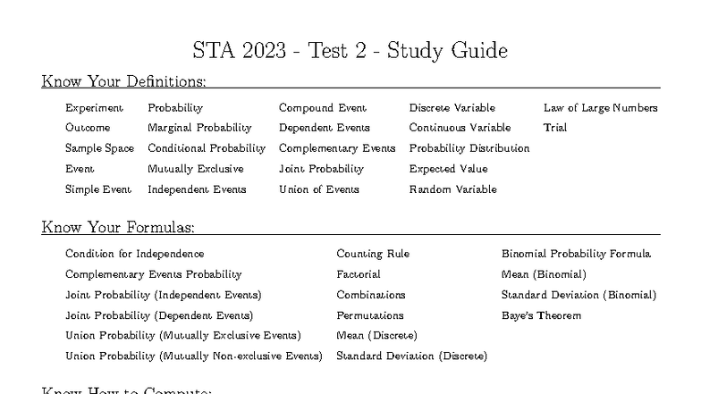 STA 2023 Test 2 Study Guide: Key Concepts and Formulas in Probability ...
