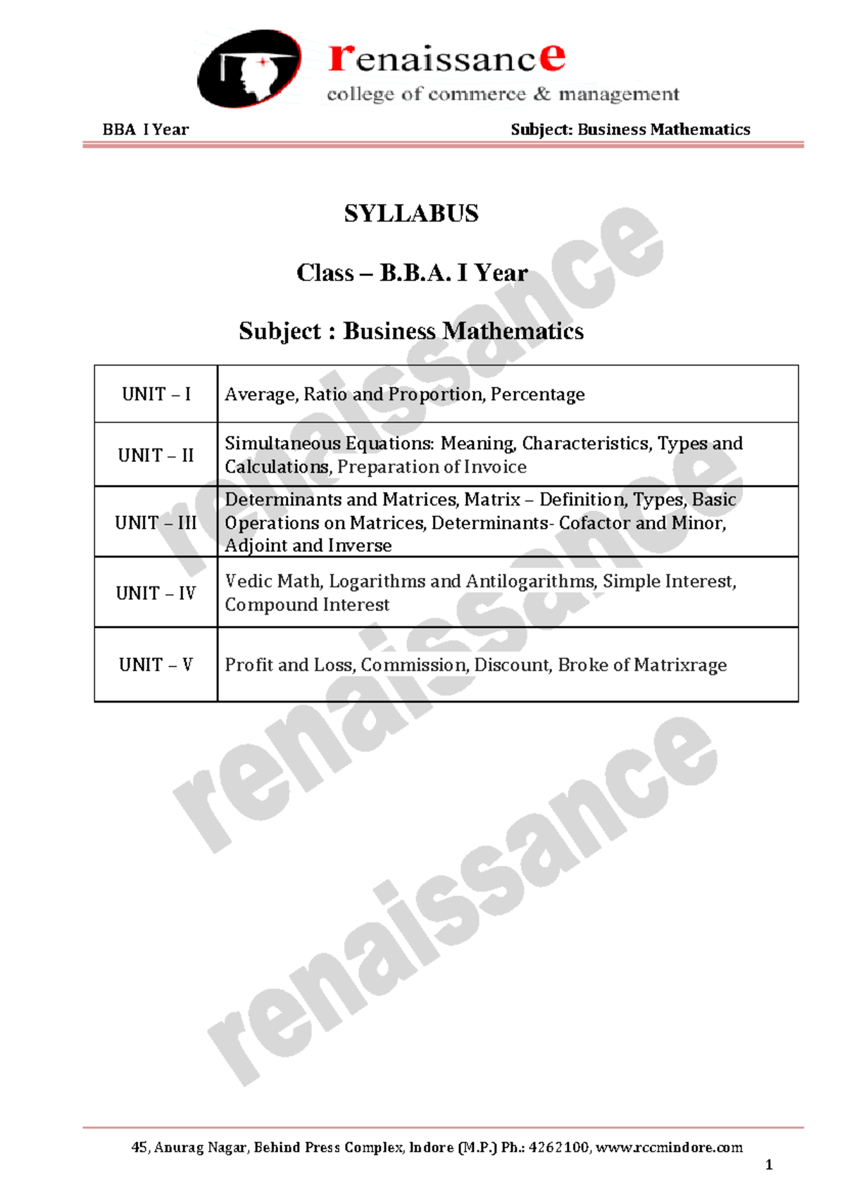 BBA I Year Business Mathematics Syllabus Overview and Key Concepts ...