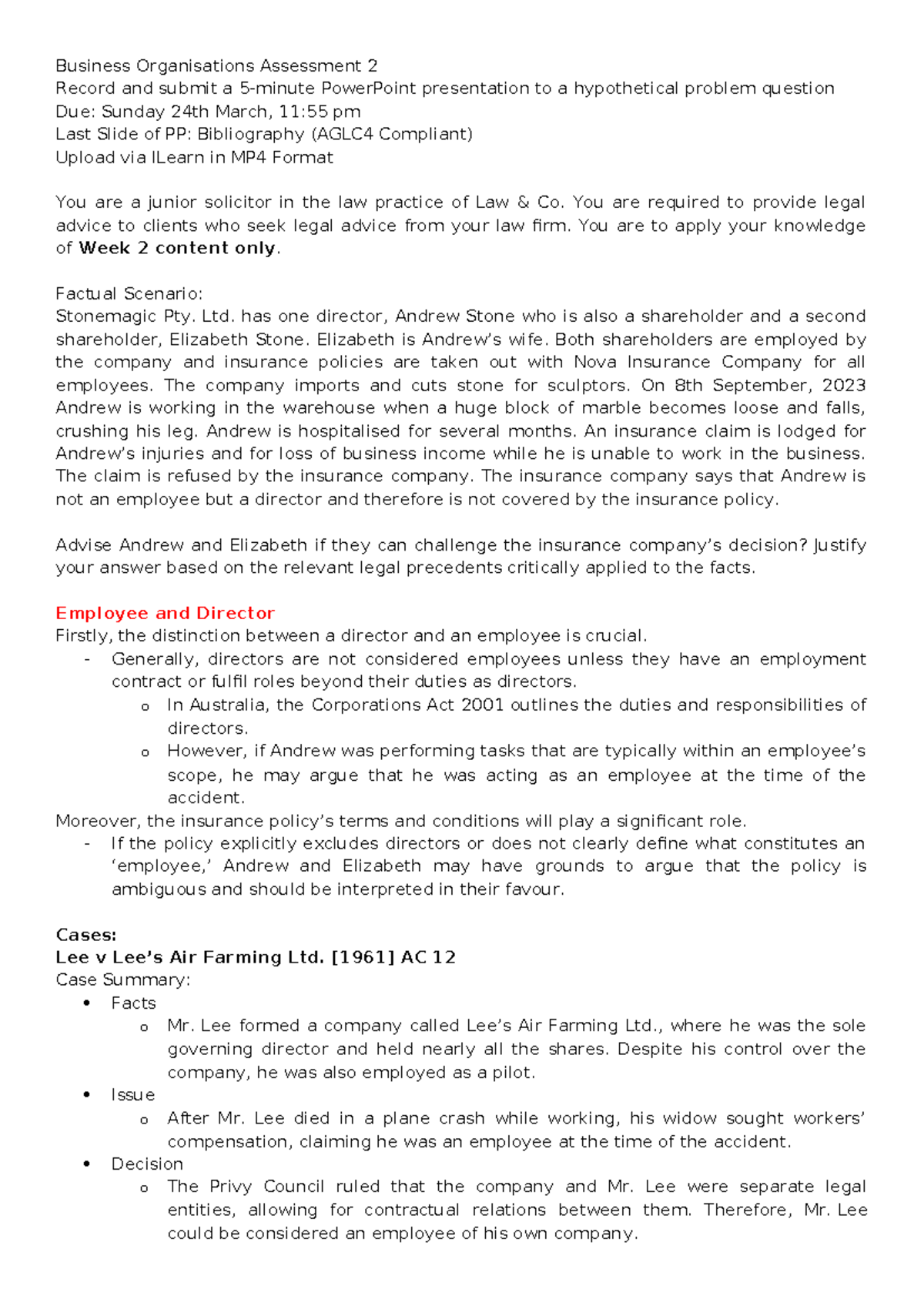 Business Organisations Assessment 2: Legal Advice Presentation Insights ...