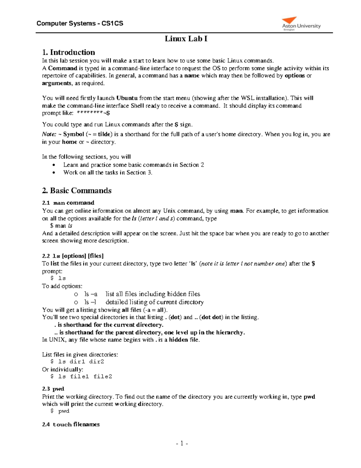 Linux 1 Lab: Intro to Basic Command-Line Operations and Exercises - Studocu