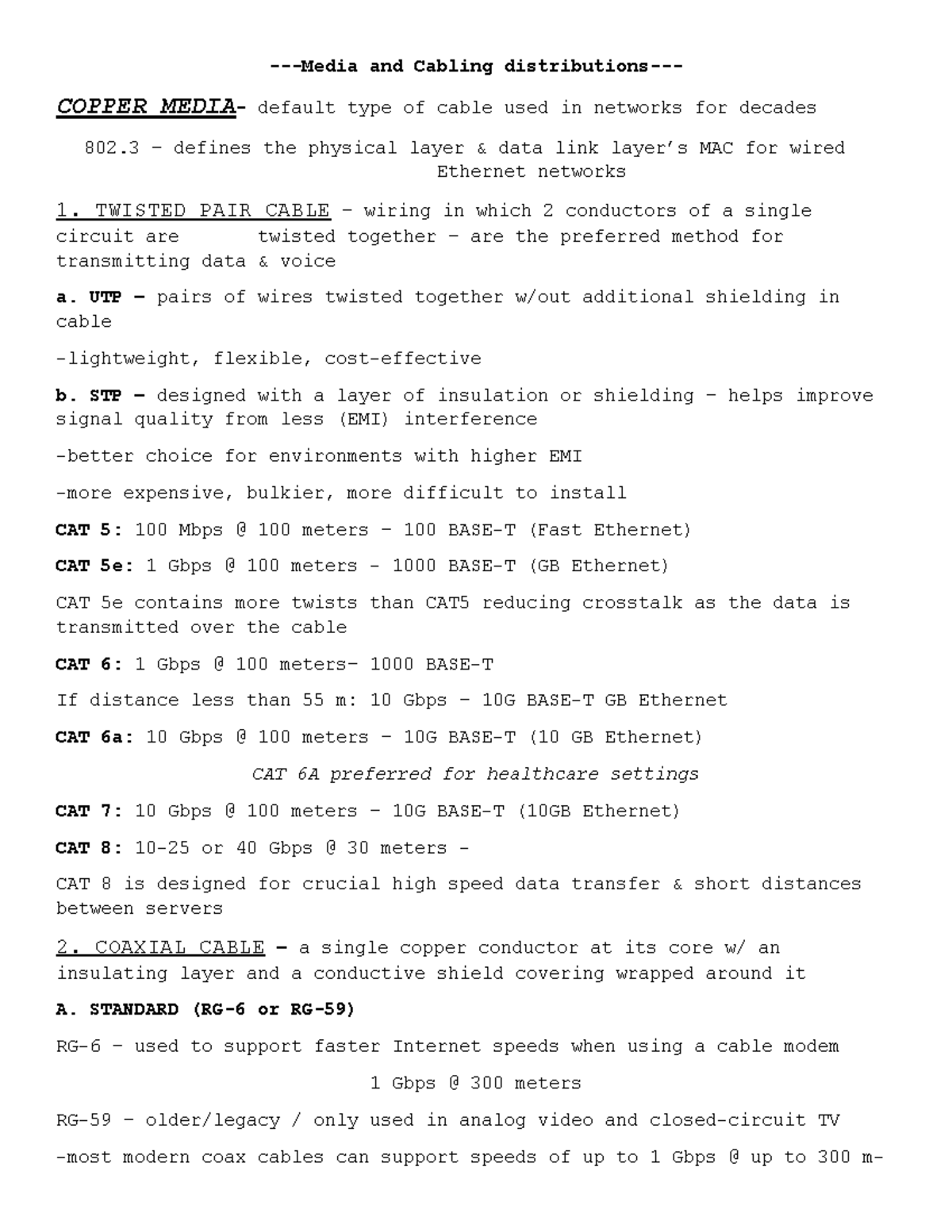 Network + EXAM NOTES: Media, Cabling, and Troubleshooting Overview ...
