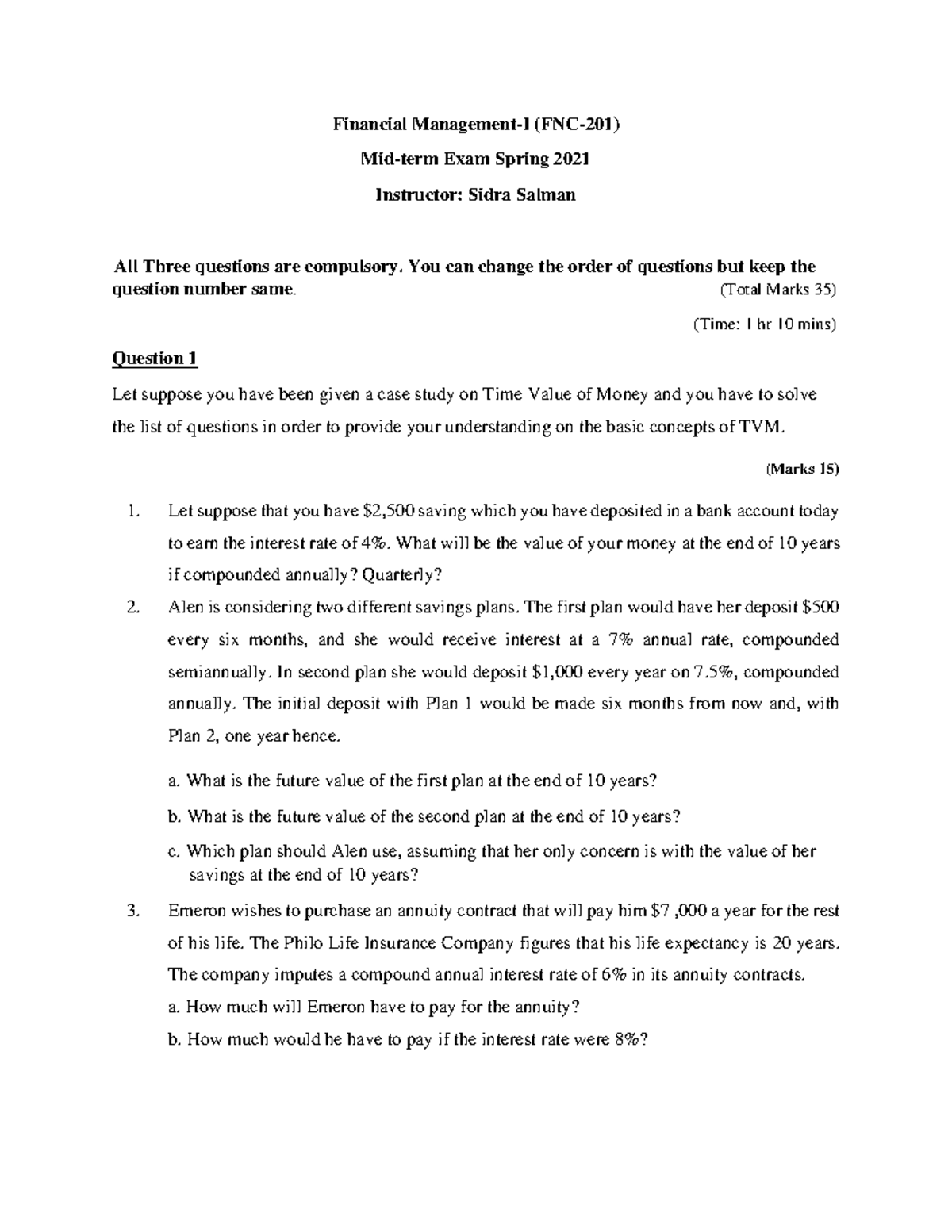 FNC-201 Financial Management I Midterm Exam Guide - Spring 2021 - Studocu