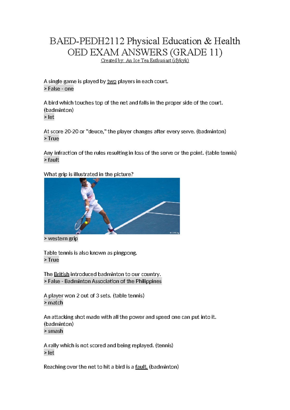 PE OED GRADE 11 EXAM ANSWERS: Physical Education & Health - Studocu