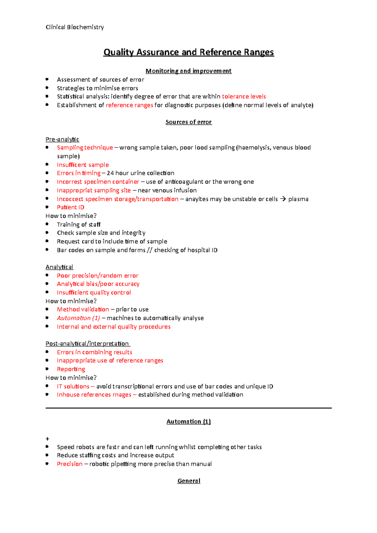 Quality Assurance and Reference Ranges - notes - Quality Assurance and ...