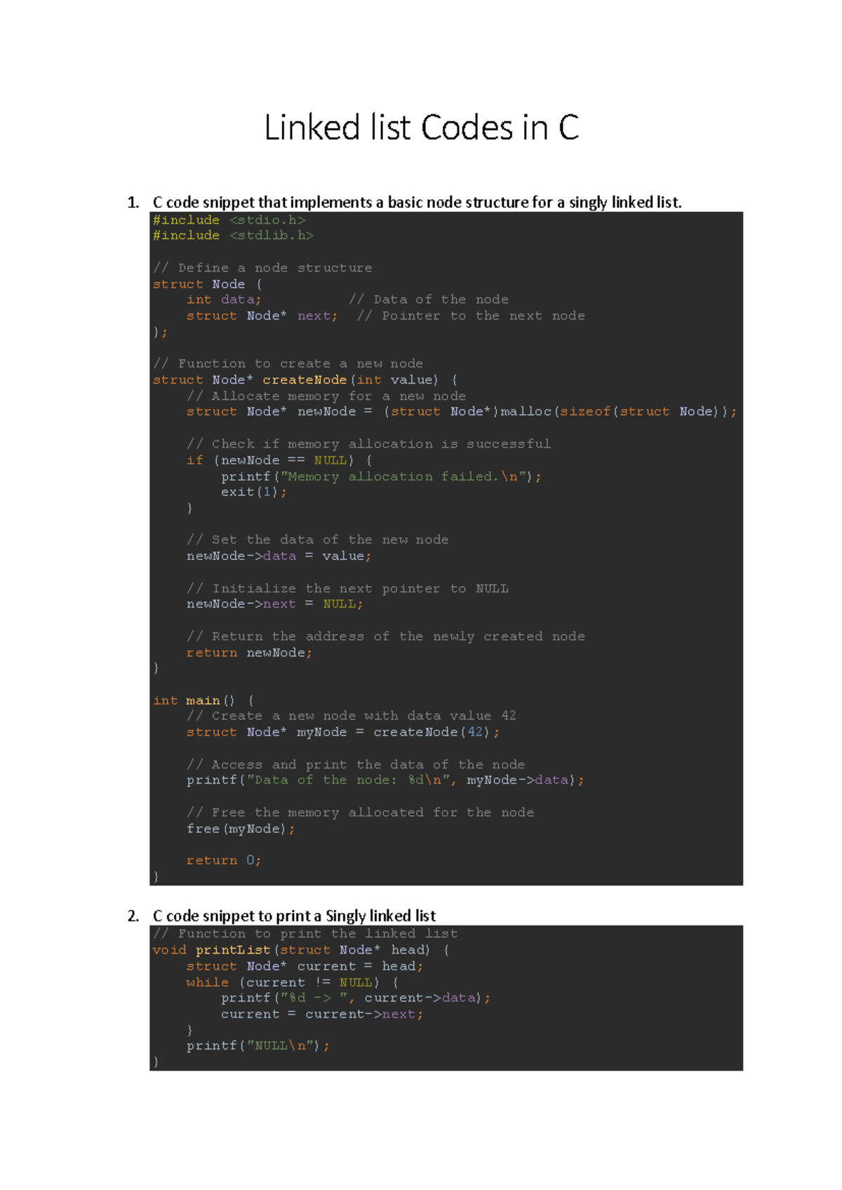 DSA Lab: C Code for Linked List Operations and Algorithms - Studocu