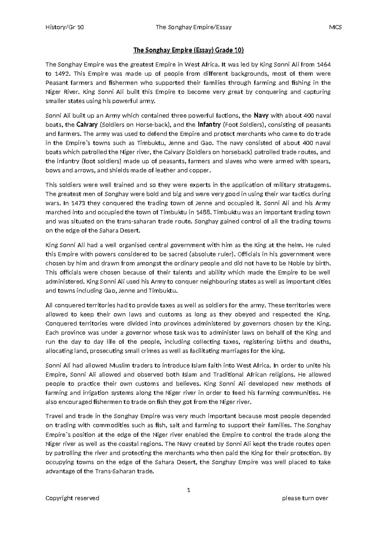 Grade 10 Essay: The Rise and Influence of the Songhay Empire - Studocu