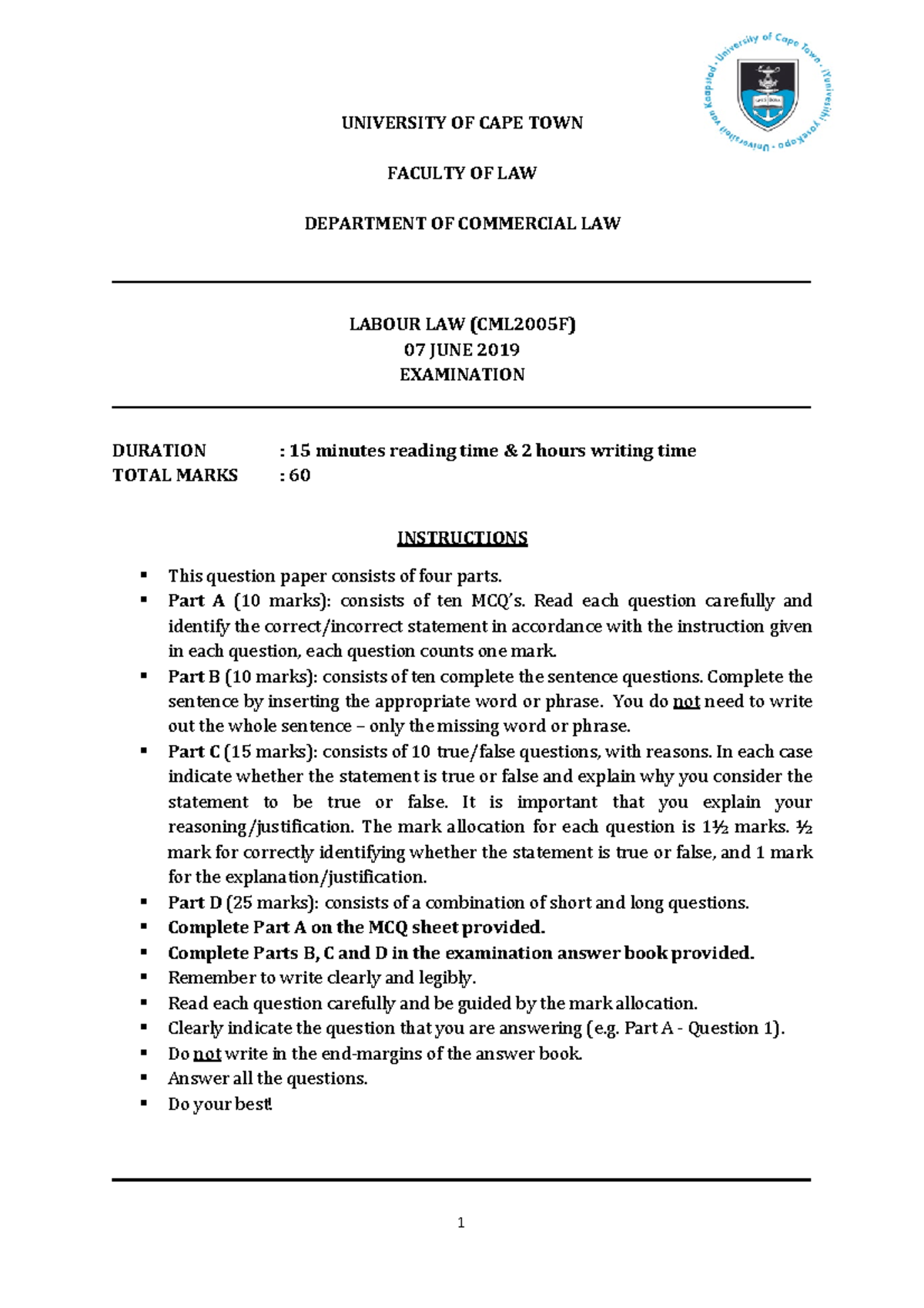 CML2005F - Labour Law Exam - 2019 - Official Question Paper - Studocu