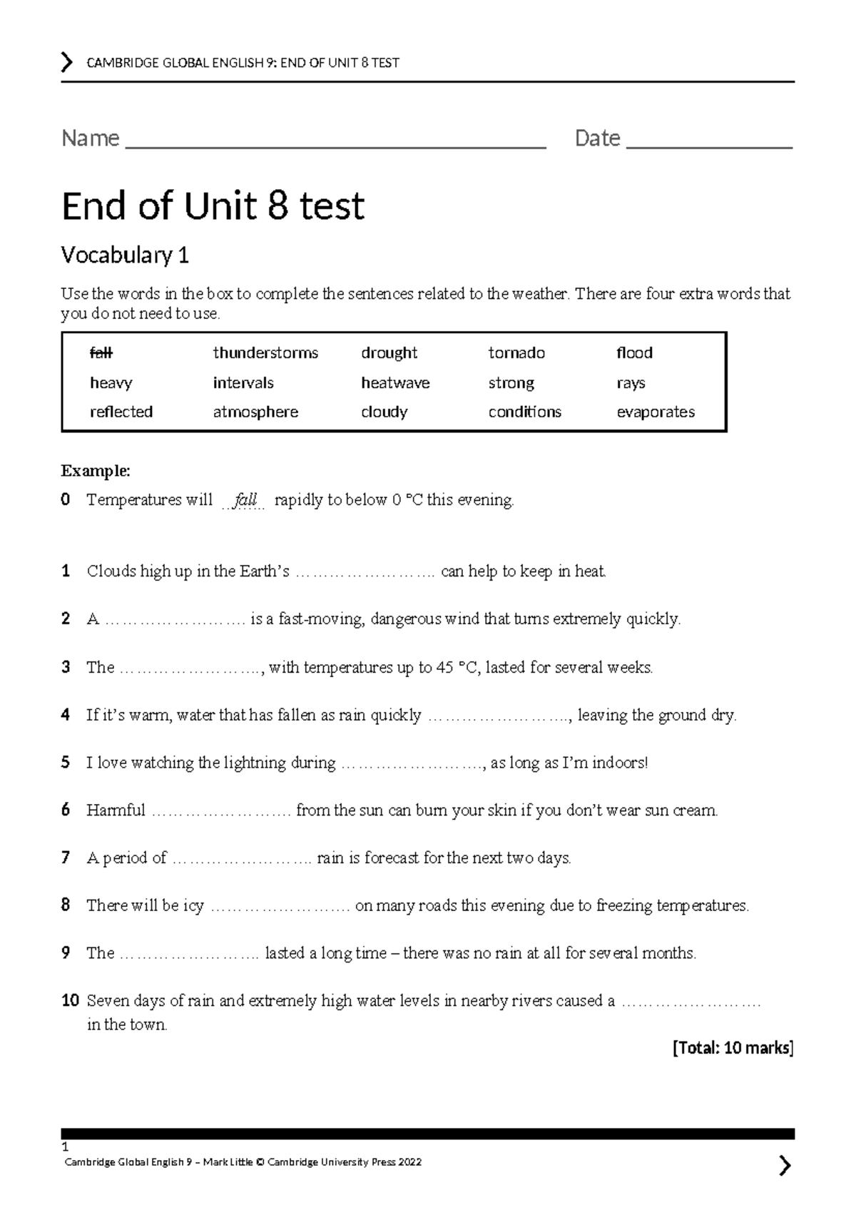 CAMBRIDGE GLOBAL ENGLISH 9: END OF UNIT 8 TEST - Studocu