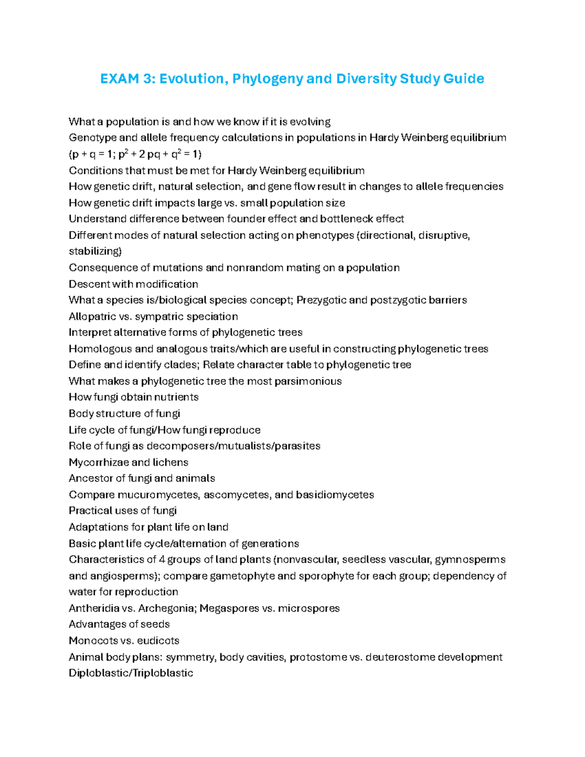 Exam 3 Study Guide: Evolution, Phylogeny, and Diversity - Studocu