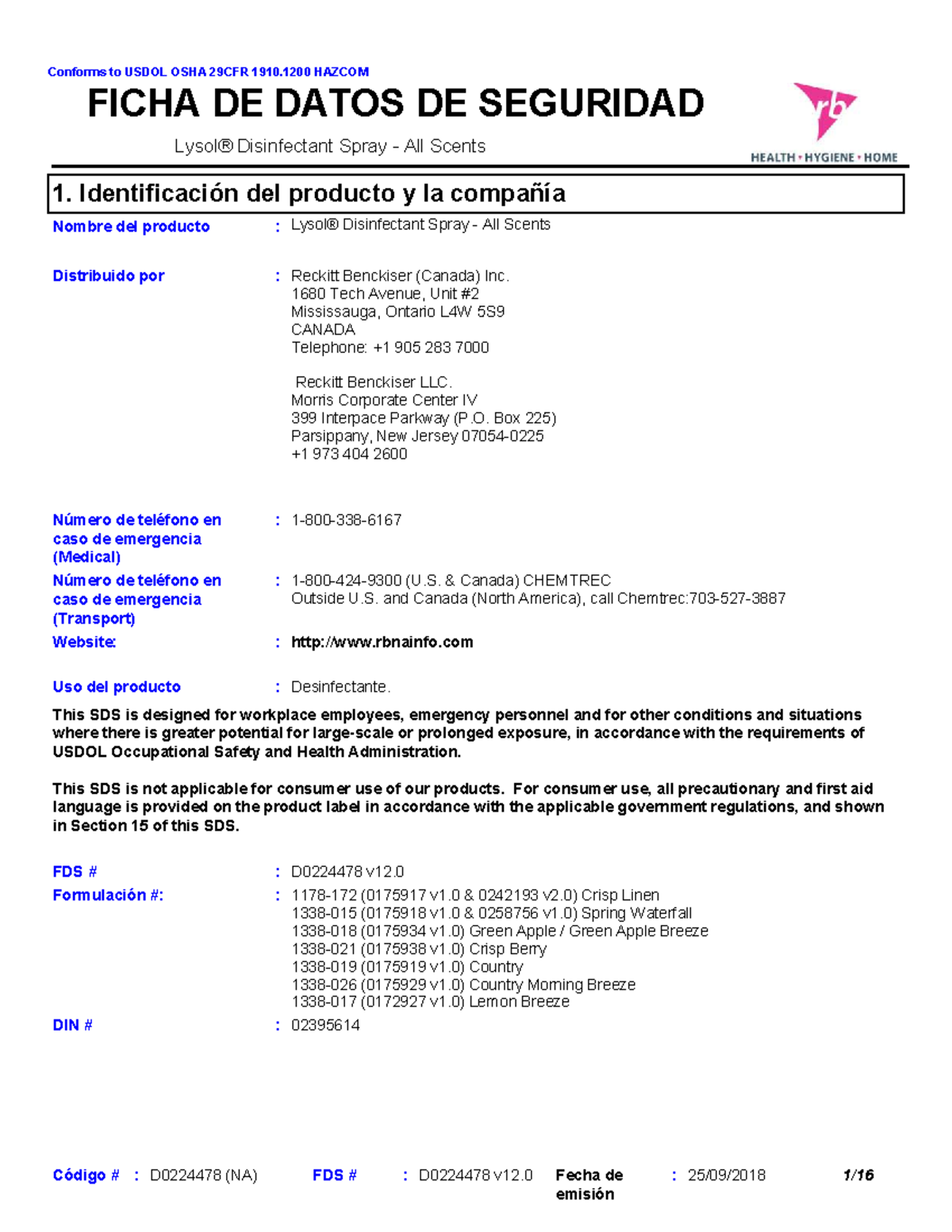 HDS Lysol Disinfectant Spray Safety Data Sheet (SDS) D0224478 - Studocu