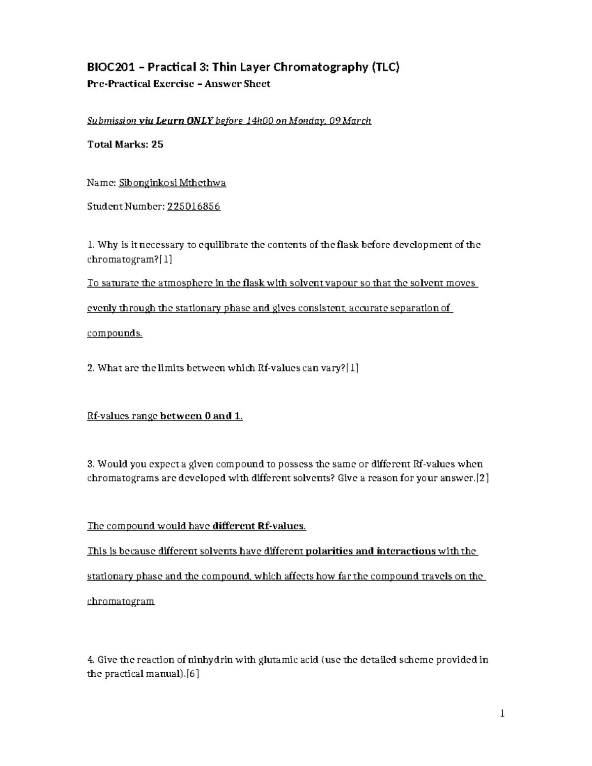 BIOC201 Practical 3: TLC Exercise Answer Sheet Submission - Studocu