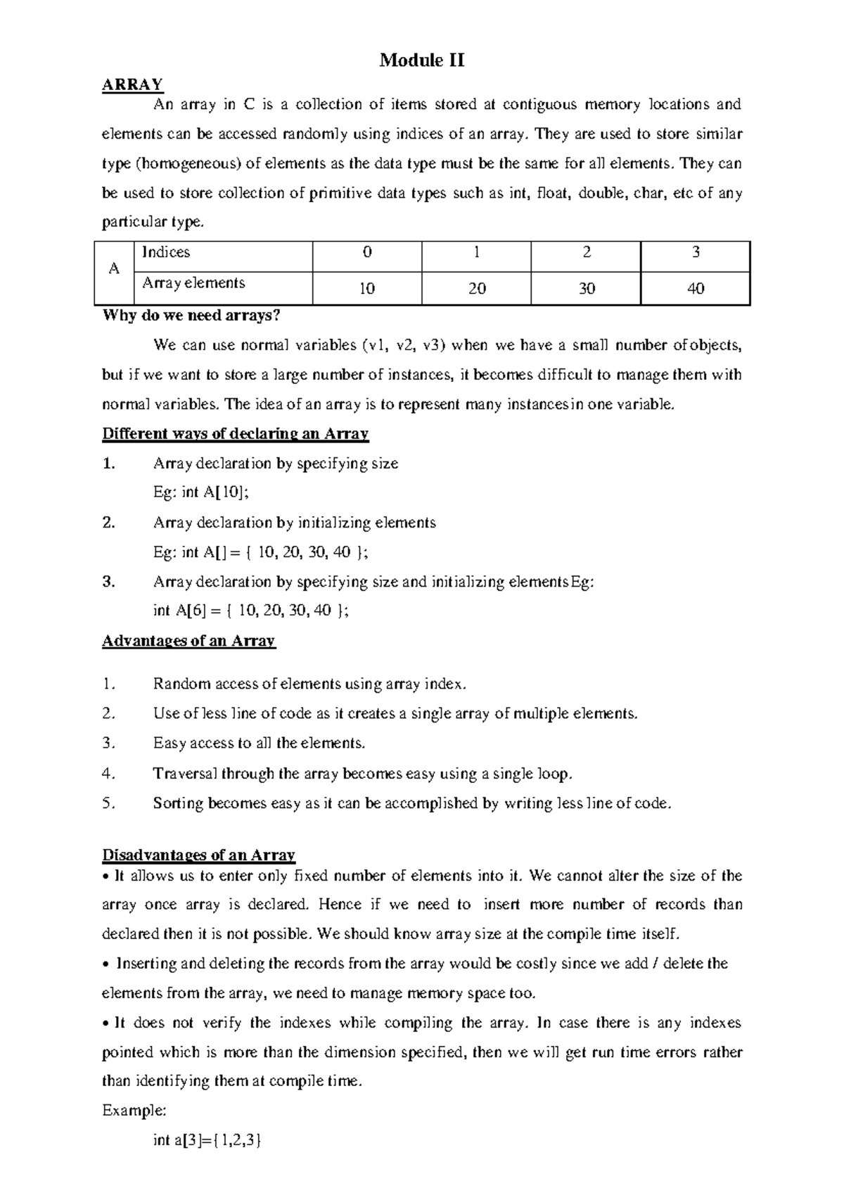Module II C Programming Notes: Arrays, Strings, and Algorithms - Studocu
