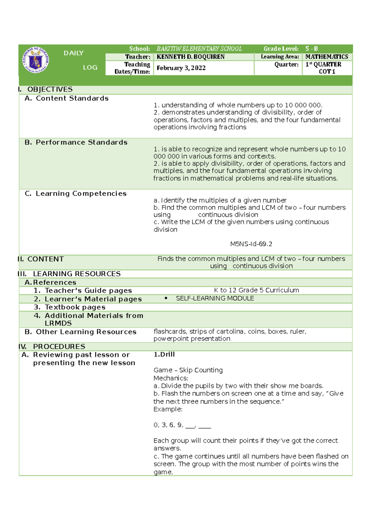 Math COT 1 DLP: Daily Lesson Log on LCM and Whole Numbers - Studocu