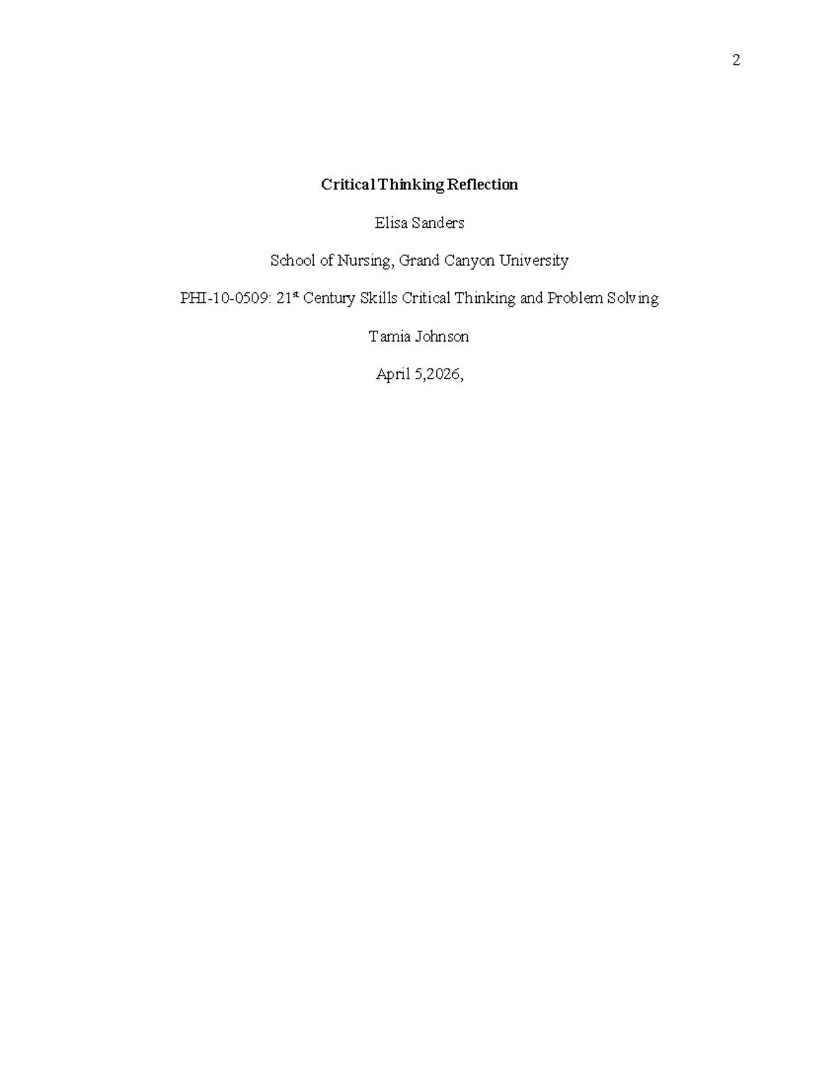 Critical Thinking Reflection: Insights and Analysis for NRS 21st ...