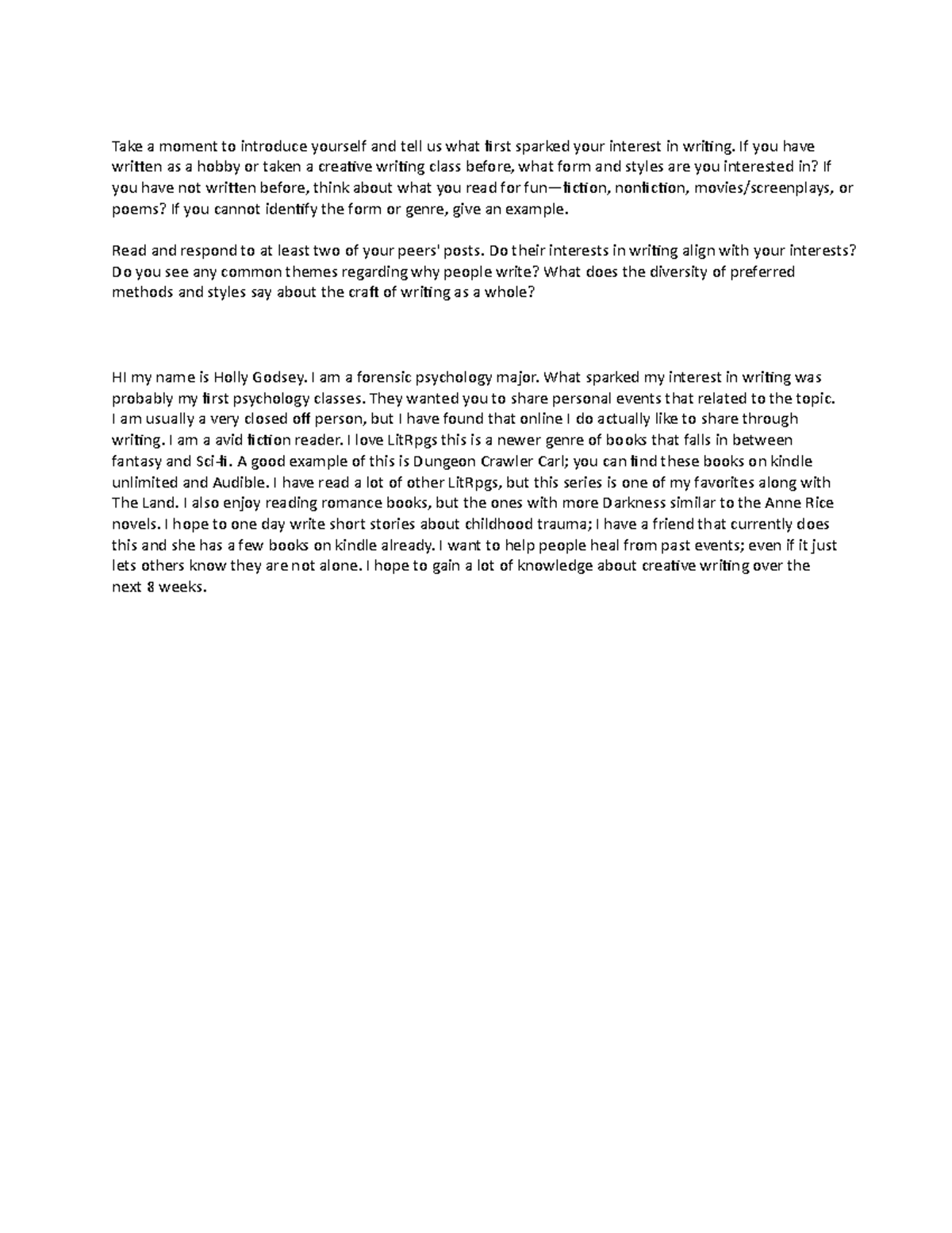 ENG 101: Introductory Discussion on Creative Writing Interests - Studocu