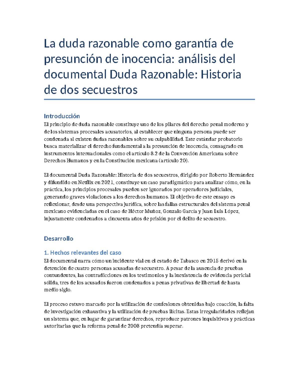 Ensayo sobre la Duda Razonable y la Presunción de Inocencia - Studocu