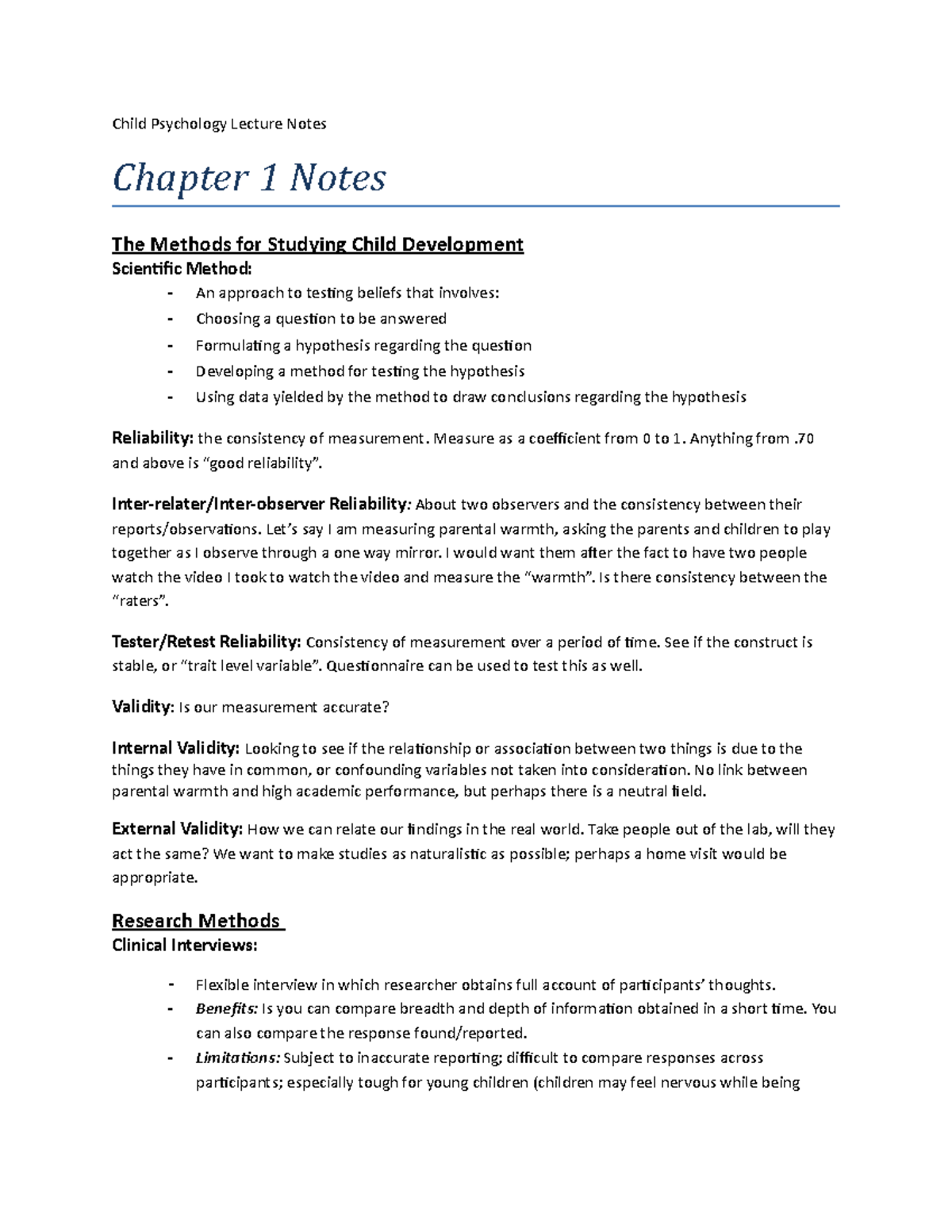 Child Psychology (PSY 101) Lecture Notes: Research Methods & Infant ...