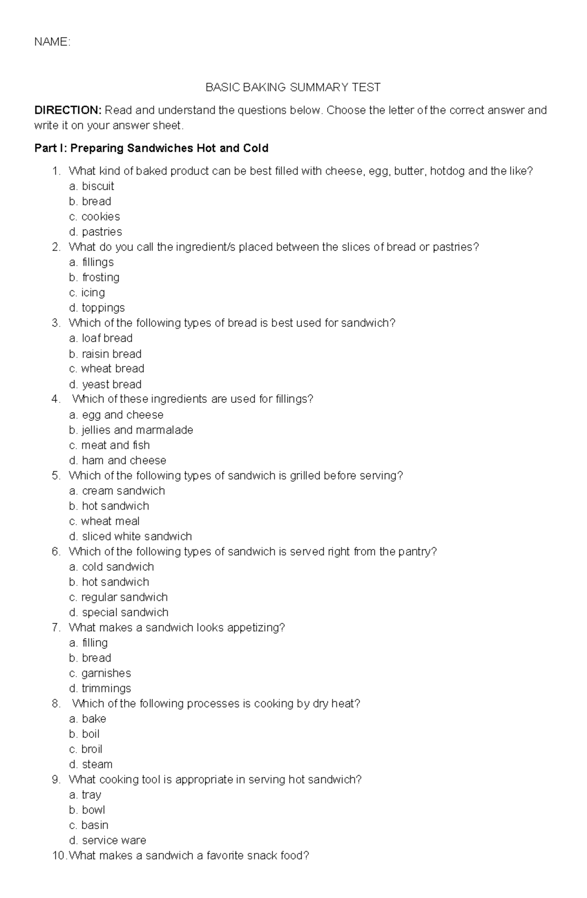 BASIC BAKING SUMMARY TEST: Questionnaire for Research Instrument - Studocu