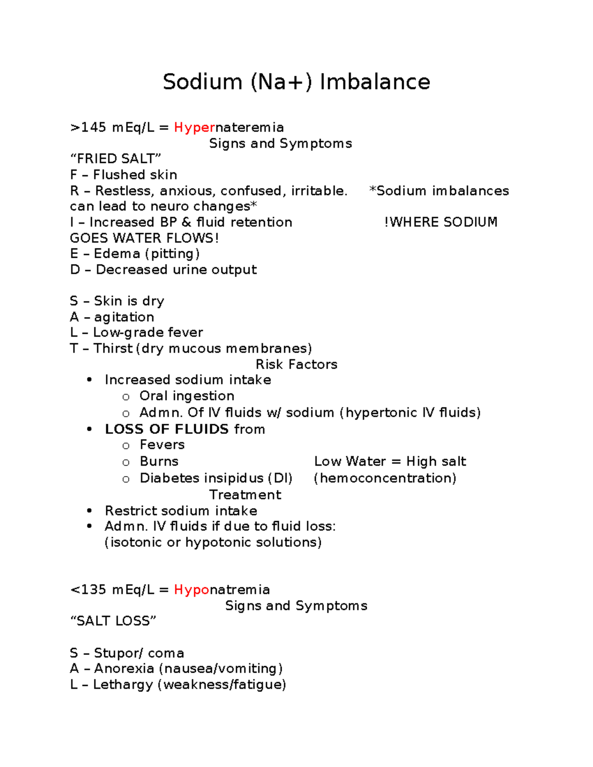 Fluid and electrolytes - Sodium (Na+) Imbalance >145 mEq/L ...