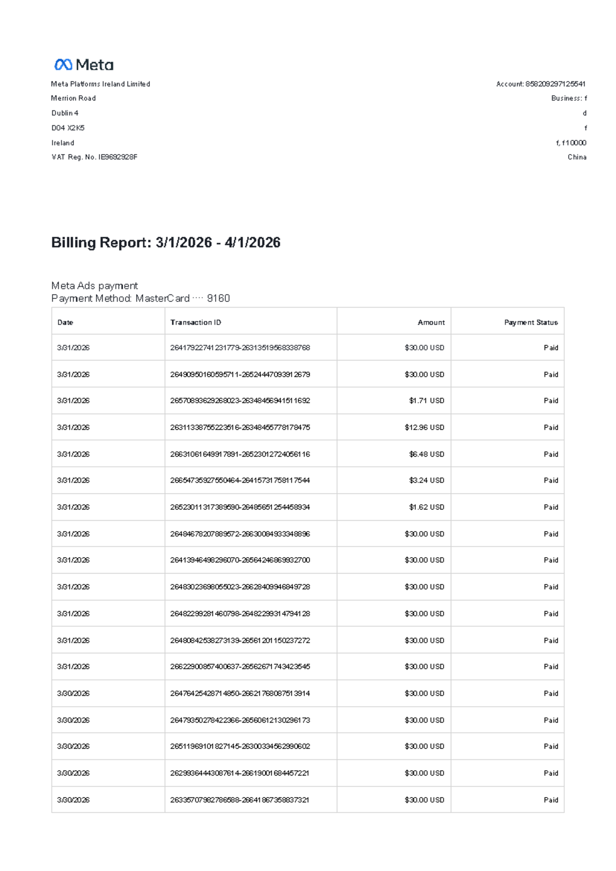 Meta Platforms Ireland Limited Invoice Summary (2026-03-01 to 2026-04 ...