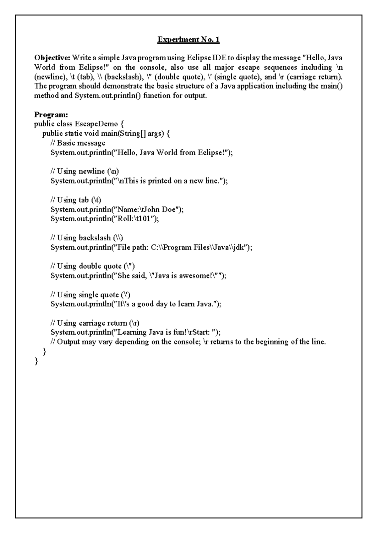 BCS-452-1: Java Programming Experiments on Escape Sequences ...