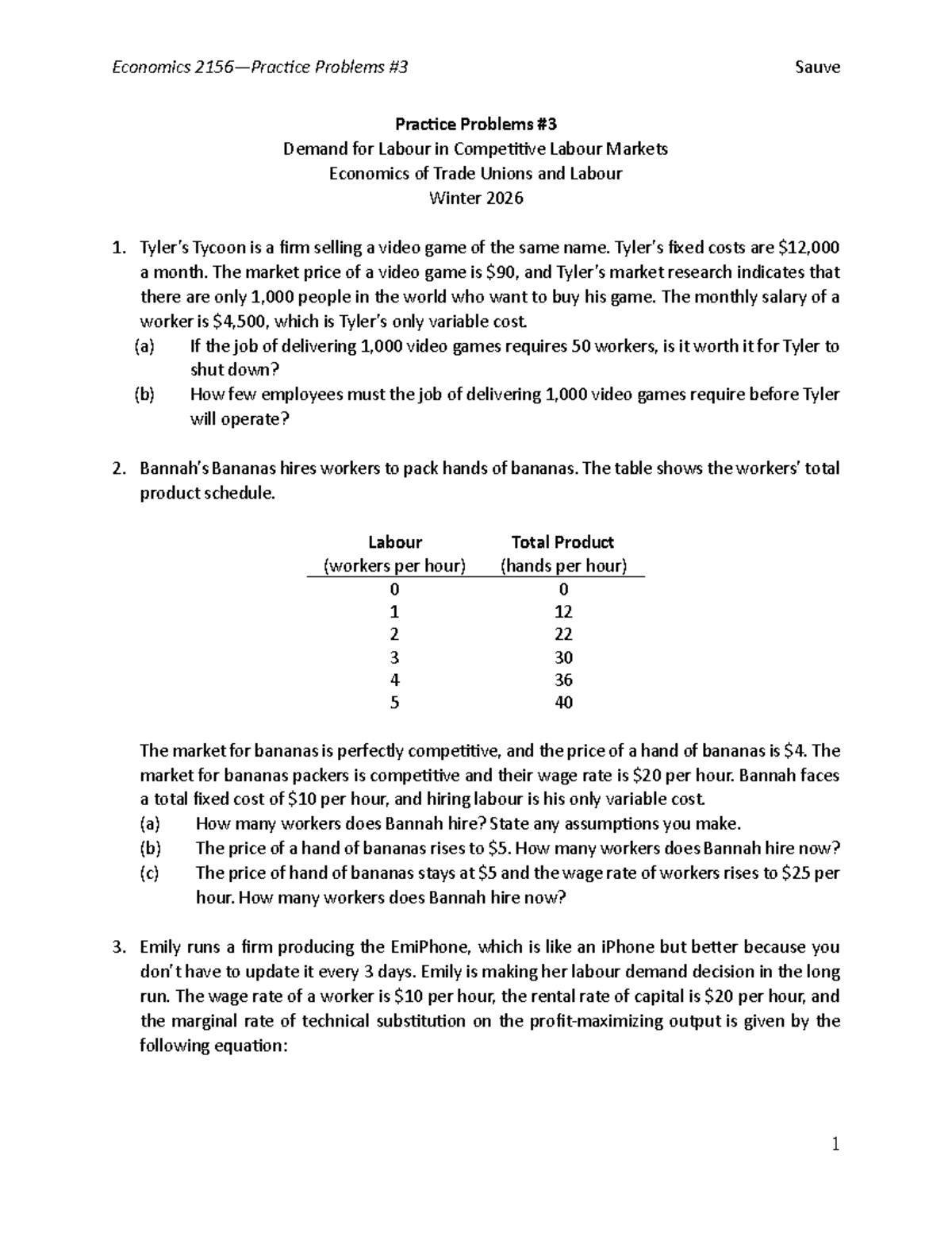 Economics 2156 - Practice Problems on Labour Demand and Market Dynamics ...