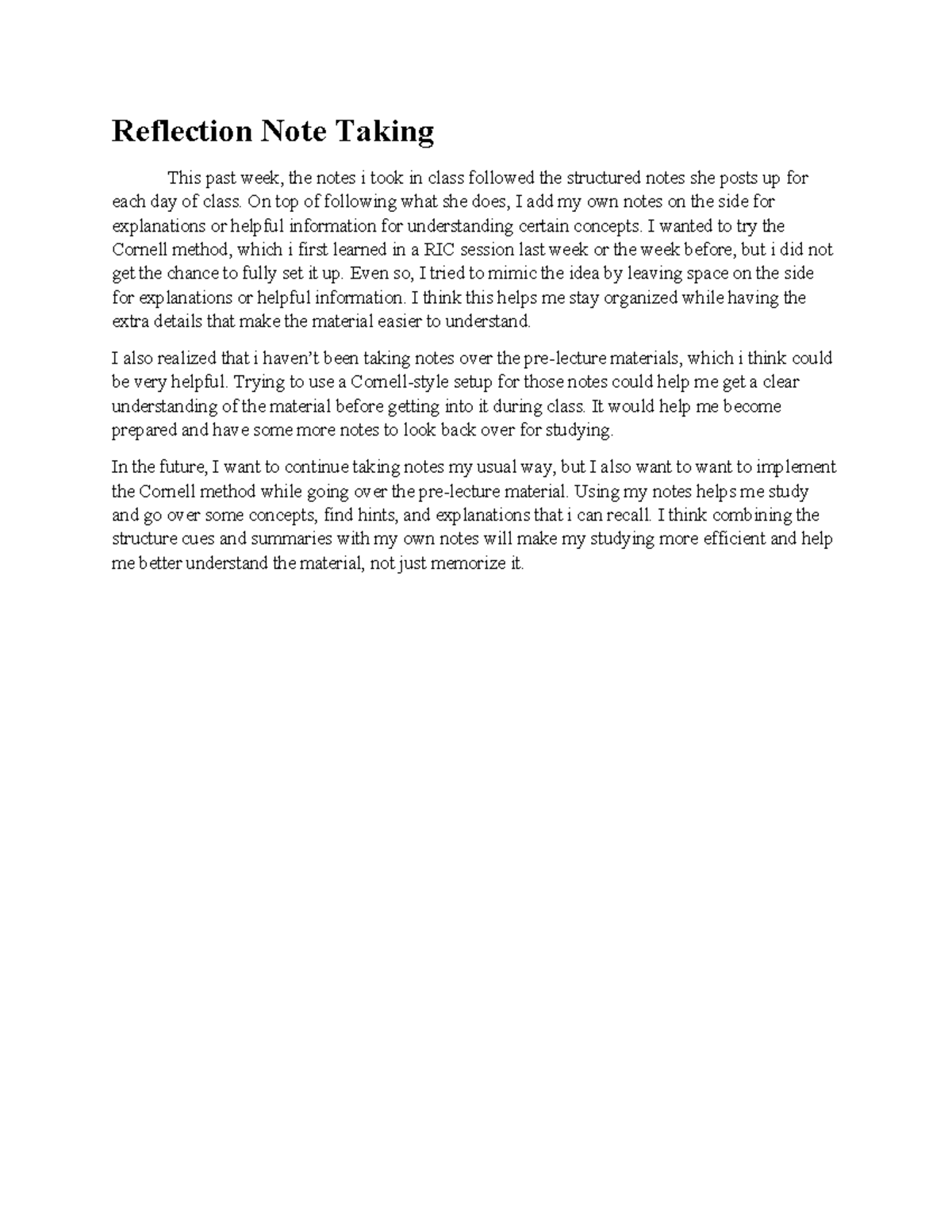 Reflection on Note Taking Strategies and the Cornell Method - Studocu