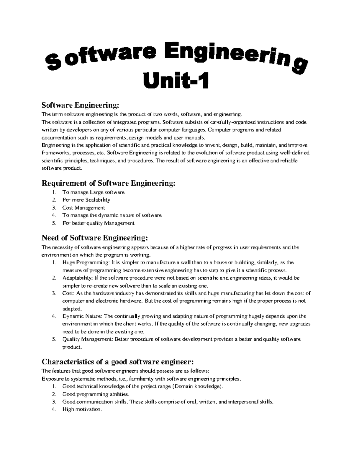 SE Unit-1 - Software Engineering: The term software engineering is the ...