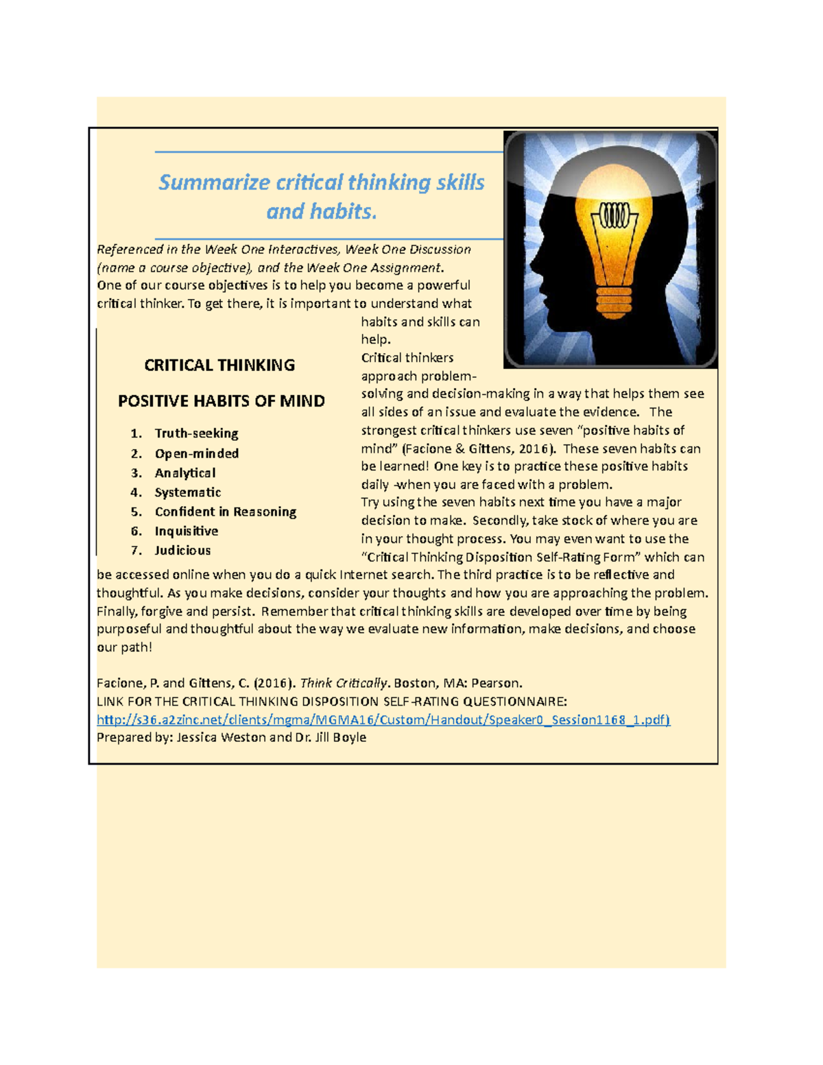 Critical Thinking: Positive Habits of Mind Overview for Course WK1 ...