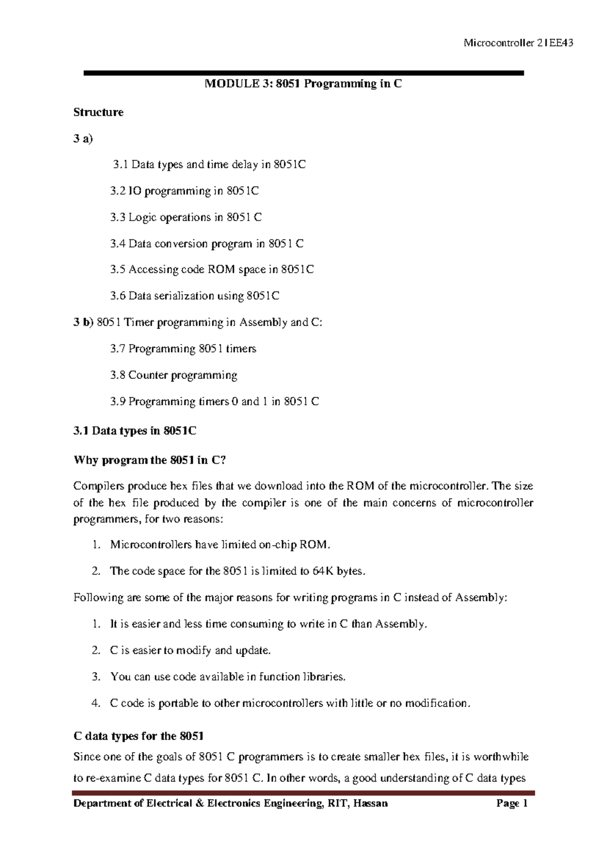 MC Module 3-1-19 - .jsjsbsanakakaaa - MODULE 3: 8051 Programming in C ...