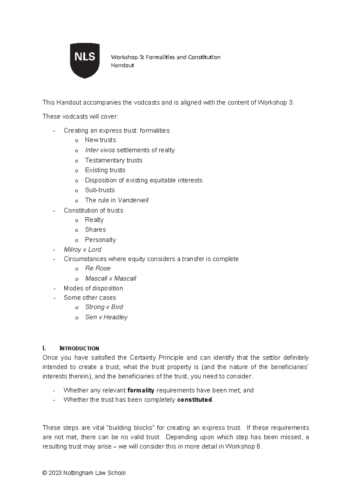 Law of Trusts: Workshop 3 - Formalities and Constitution Handout - This ...