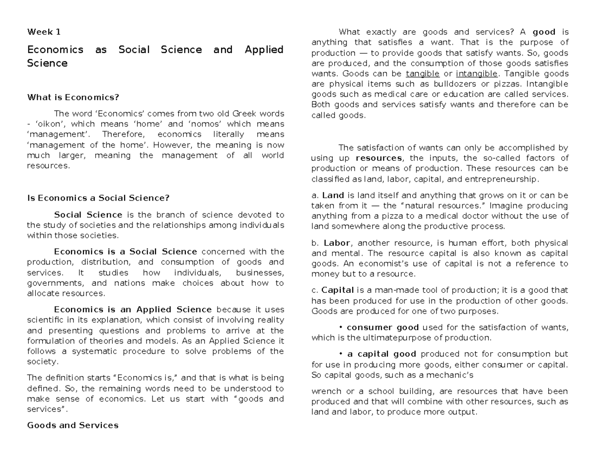AE 101: Week 1 & 2 Economics - Social Science & Basic Economic Problems ...
