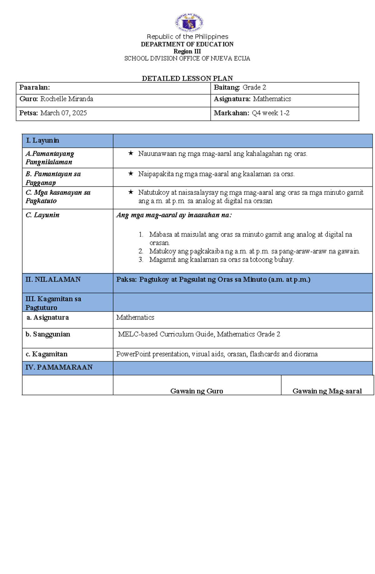 Detailed Lesson Plan in Mathematics for Grade 2: Time Concepts - Studocu