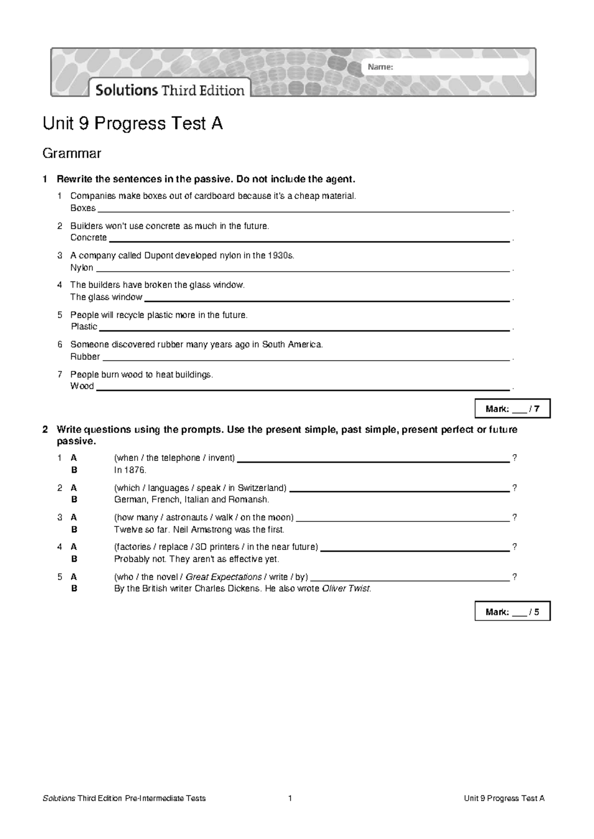 Unit 9 Progress Test A for Sol3e Pre-Int: Grammar, Vocabulary ...