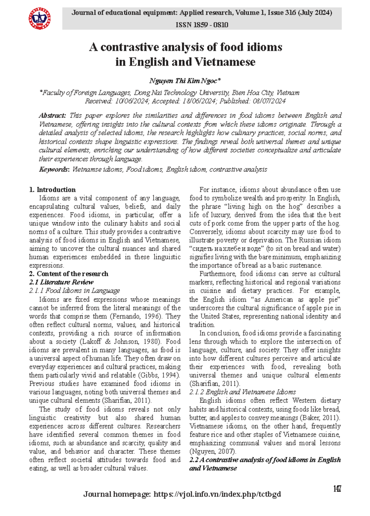 A Contrastive Analysis of Food Idioms in English and Vietnamese - Studocu