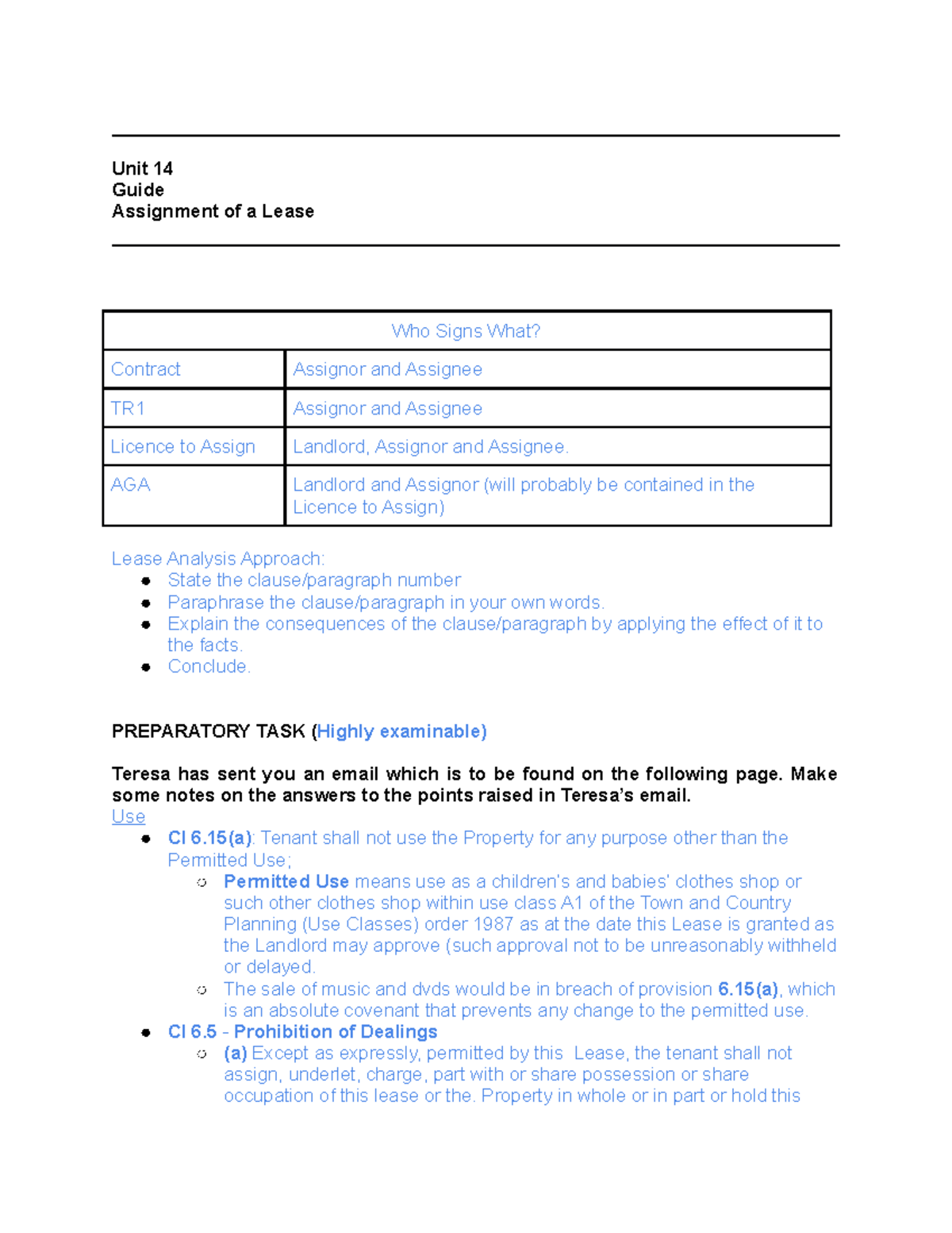 Unit 14 Revision: Assignment of a Lease Notes - Studocu